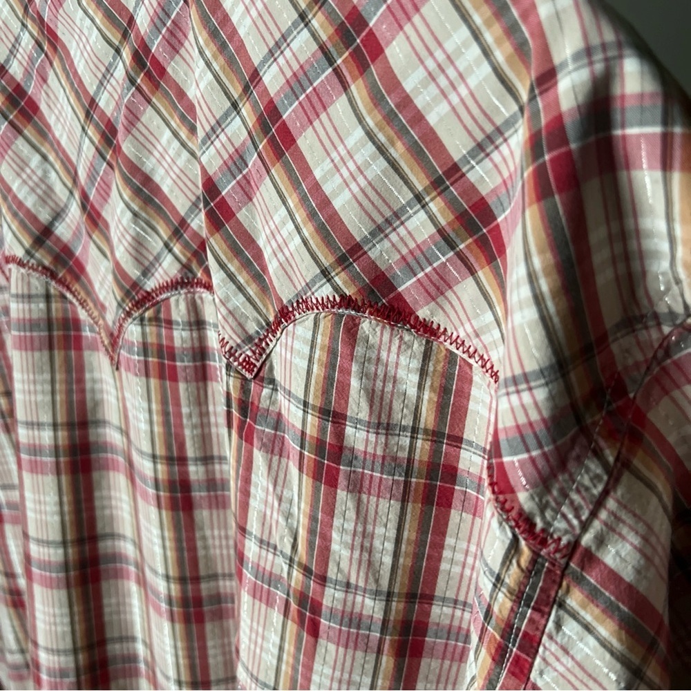 Wrangler Mens Short Sleeve Snap Close Red/white/orange/silver Plaid Shirt Sz XL - Picture 15 of 16